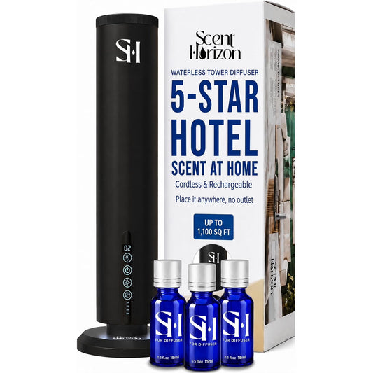 Scent Horizon Rechargeable Waterless Tower Diffuser — box with 3 fragrance oils