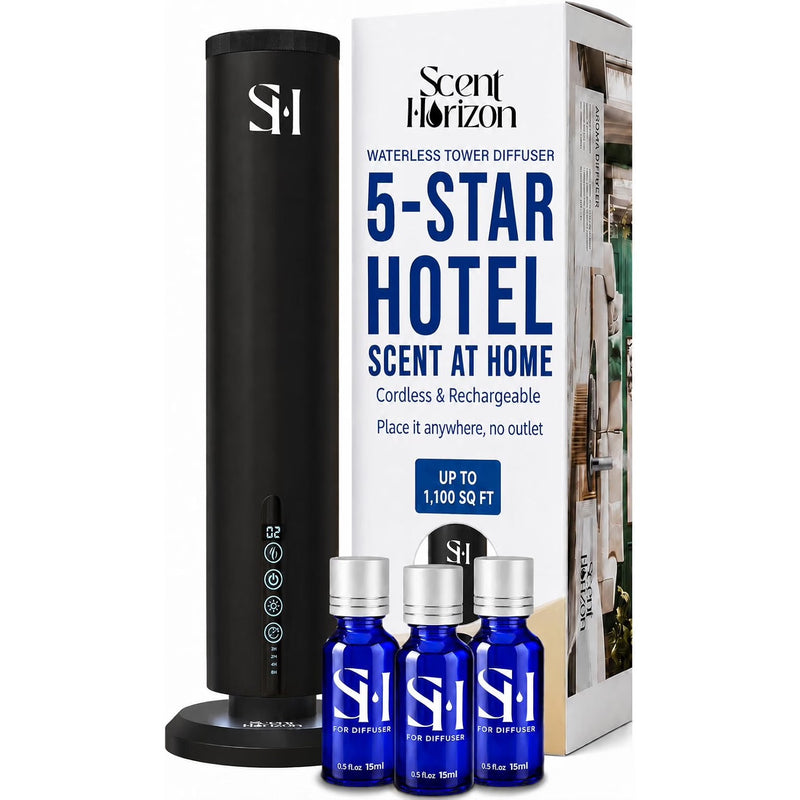 Scent Horizon Rechargeable Waterless Tower Diffuser — box with 3 fragrance oils